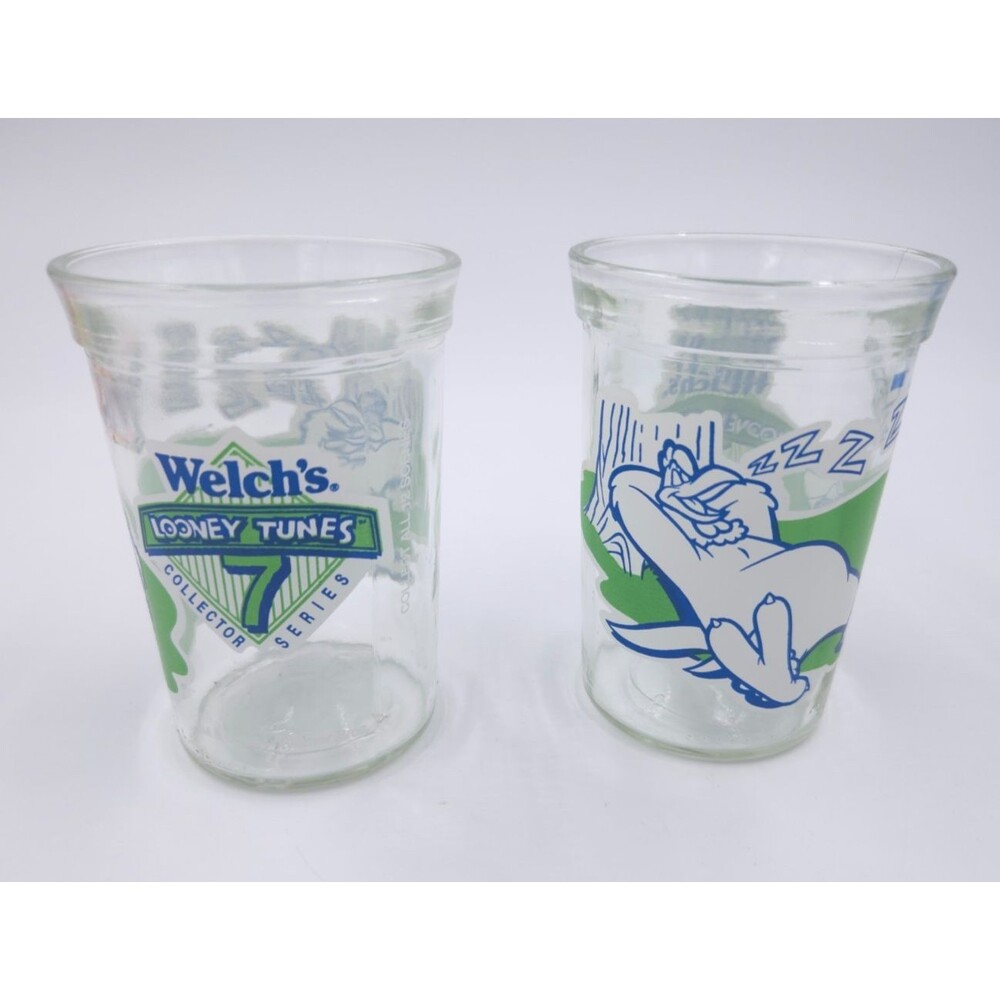 2 Vtg Welch’s Looney Tunes Collector Series 7 Glass Jelly Jar 1994 Warner Bros